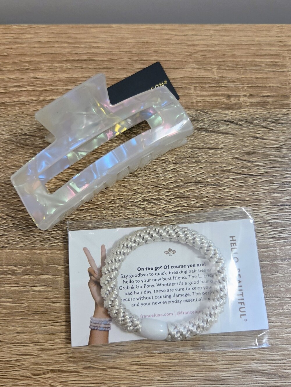 France Luxe L. Erickson Rectangle Claw Clip + Grab & Go Pony Hair Tie - Opal - Picture 6 of 7
